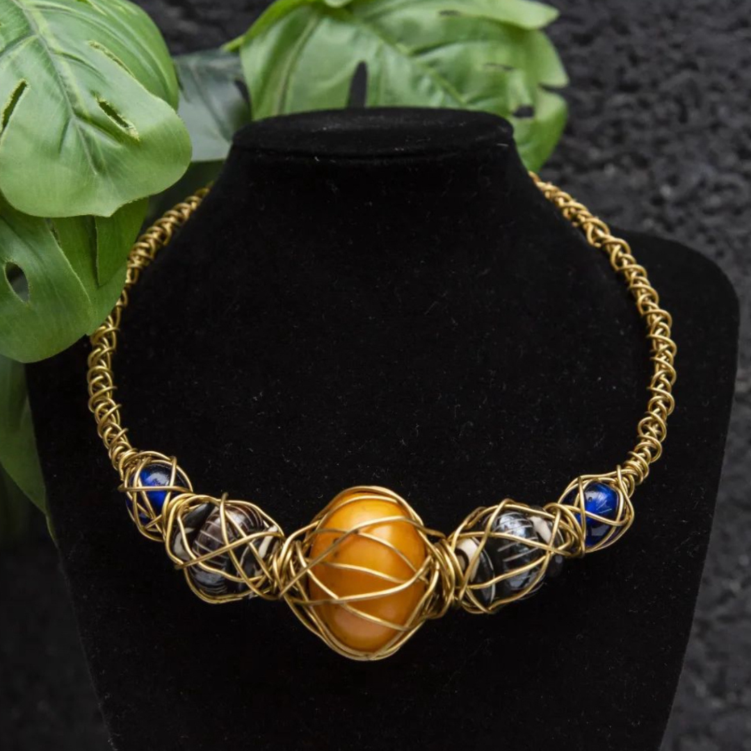 Large Beaded Wire Brass Necklace