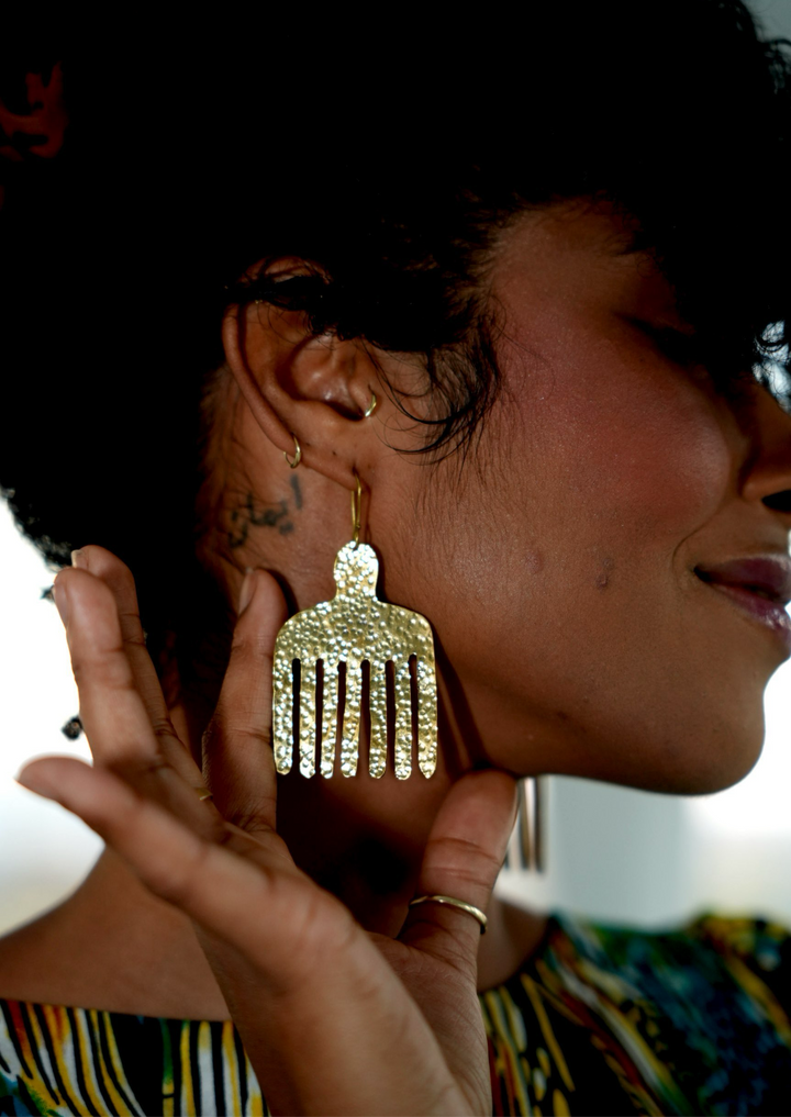 African Brass Afro Pick Earrings