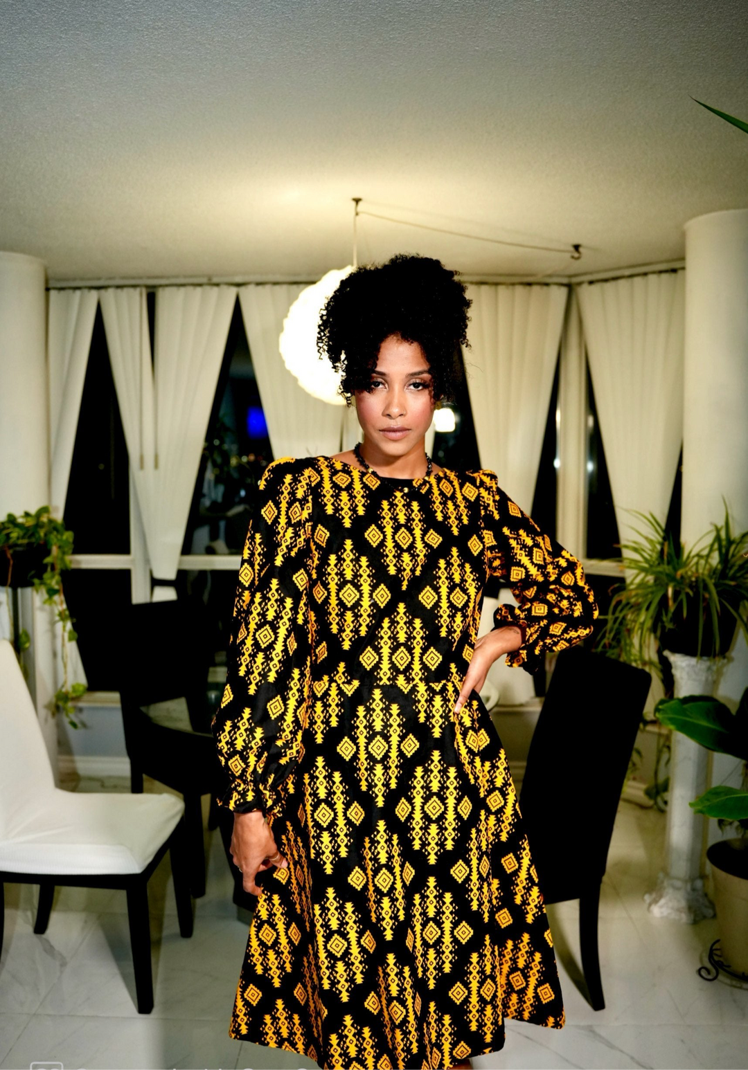 CBP Long Puff Sleeve Midi Vitenge Dress Black & Yellow