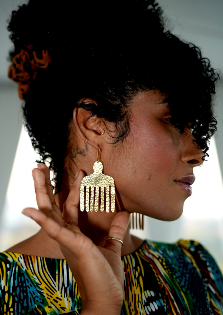 African Brass Afro Pick Earrings