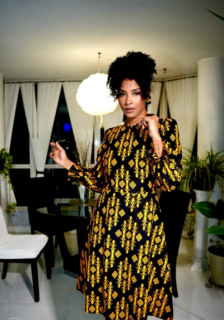 CBP Long Puff Sleeve Midi Vitenge Dress Black & Yellow