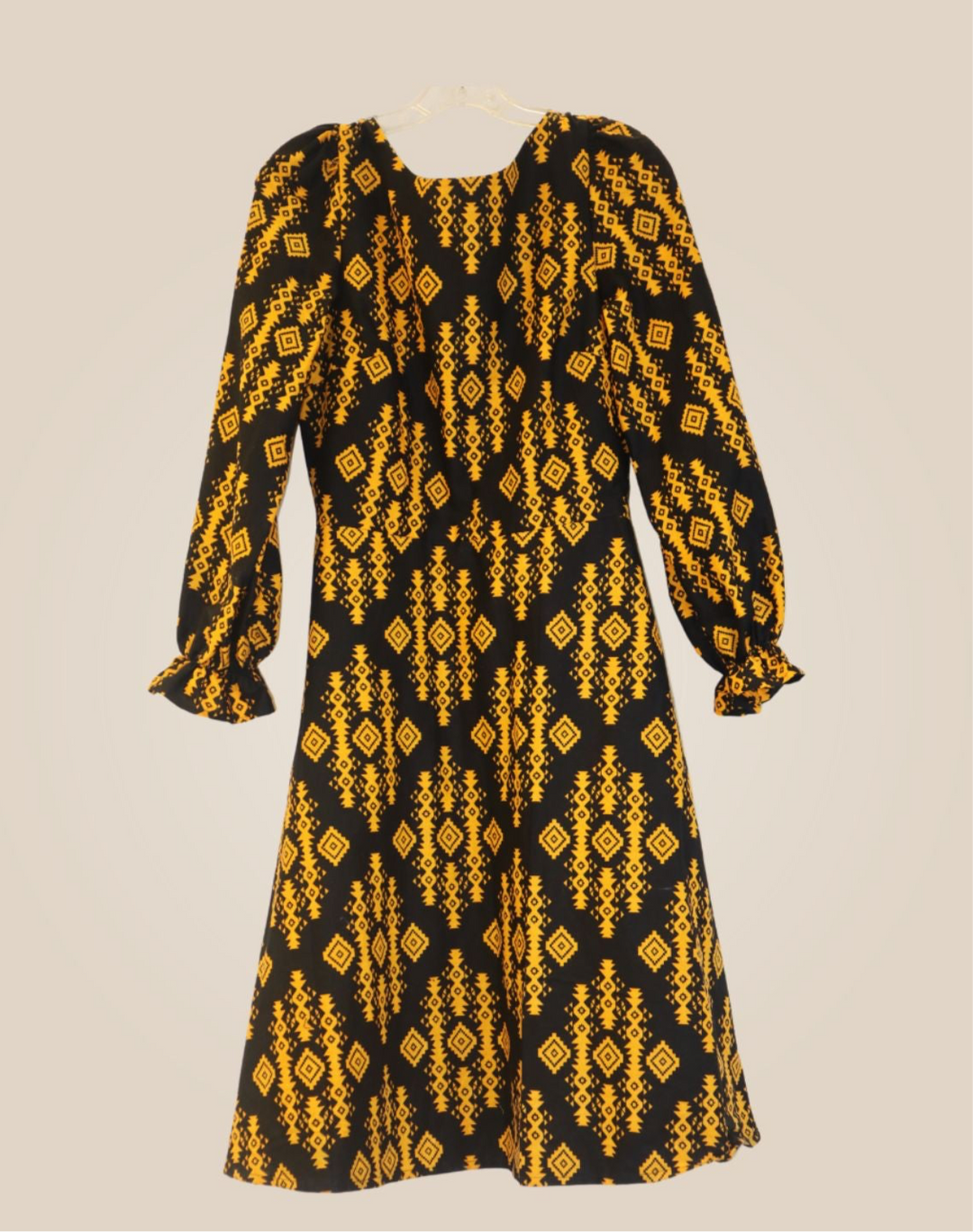 CBP Long Puff Sleeve Midi Vitenge Dress Black & Yellow